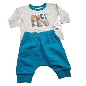 NWT Open Edit Organic Cotton One Of A Kind Gray Teal Infant Jogger Set Sz 3M